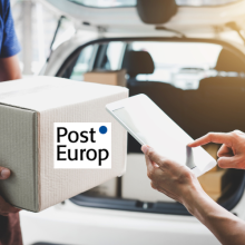 PostEurop logo and a customer appending signature in digital tablet and receiving a cardboard boxes parcel from delivery service courier
