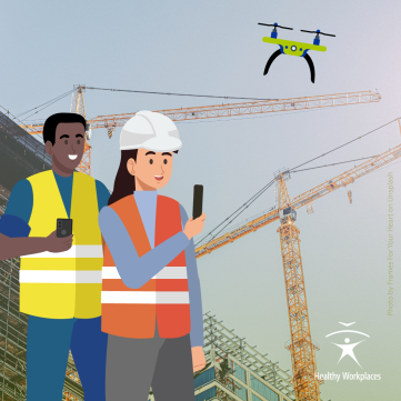 cartoon construction workers with a drone on a realistic background